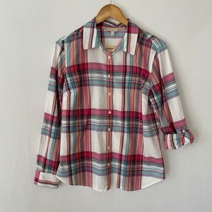 Talbots Size Small Plaid Button Front Shirt Pink Turquoise & White Roll Tab Cuff